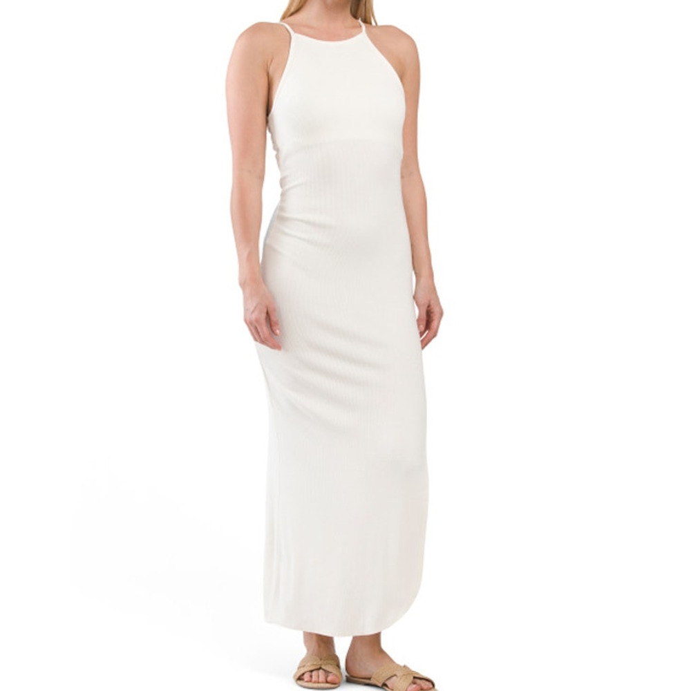 L SPACE Renata Open Tie-Back Halter Neck High Slit Cover-up Maxi Dress L White